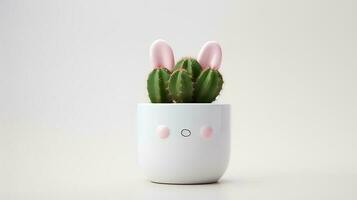 Photo of decorated cactus with rabbit ears as houseplant in minimalist pot. Generative AI