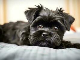 Portrait of Affenpinscher lying on bed photo