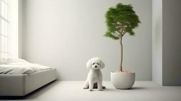 poodle dog standing in a minimalist living room with white tones. Generative AI photo