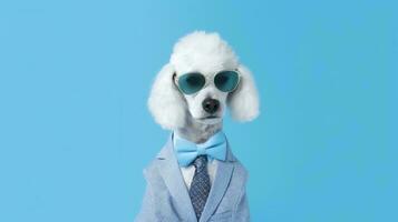 Photo of haughty poodle dog using sunglasses  and office suit on white background. Generative AI