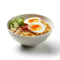 Food photography of Ramen on white bowl isolated on white background. Generative AI photo