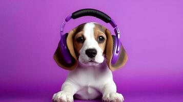 Photo of Beagle using headphone  on purple background