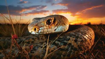 Photo of African Python on savanna at sunset. Generative AI