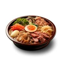 Food photography of Sukiyaki on black bowl isolated on white background. Generative AI photo