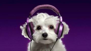 Photo of poodle dog using headphone  on purple background. Generative AI