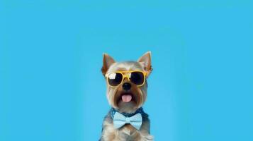 Photo of haughty yorkshire terrier using sunglasses  and office suit on white background
