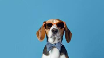 foto de arrogante beagle utilizando Gafas de sol y oficina traje en blanco antecedentes. generativo ai