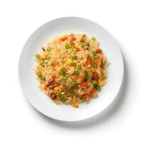 Photo of Fried Rice on plate  isolated on white background. Created by Generative AI