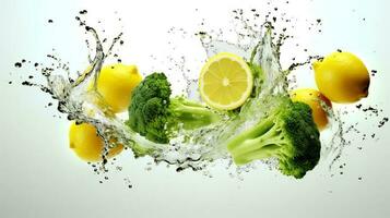 Photo of Broccoli and lemon with water splashes isolated on white background