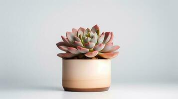 Photo of Echeveria in minimalist pot as houseplant for home decoration isolated on white background. Generative AI