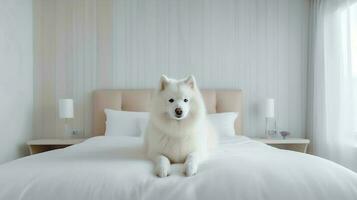 Samoyed dog lying on bed in hotel with contemporary interior design. Generative AI photo