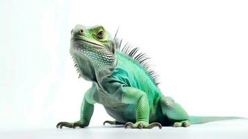 foto de un verde iguana en blanco antecedentes. generativo ai