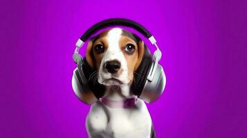 Photo of Beagle using headphone  on purple background