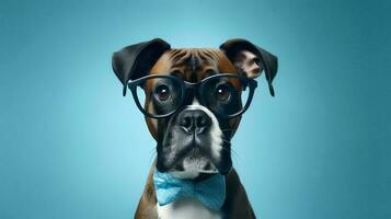 Boxer perro utilizando lentes en azul antecedentes. generativo ai foto