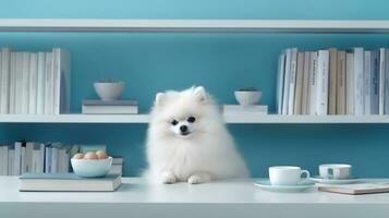 un pomeranio perro en un suéter se sienta estudiando acompañado por un taza y pila de algo de libros. generativo ai foto