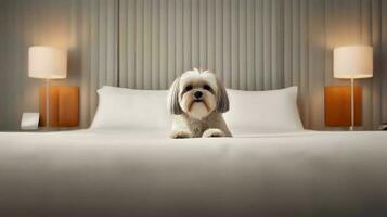 Lhasa apso dog lying on bed in hotel with contemporary interior design. Generative AI photo