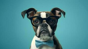 Boxer dog using glasses on blue background. Generative AI photo