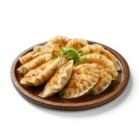 Photo of Gyoza on plate isolated on white background. Created by Generative AI