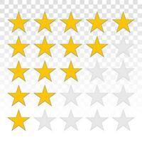 Product rating icons or customer reviews with gold star shapes for apps and websites vector