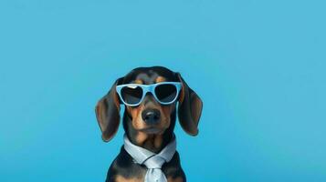 foto de arrogante perro tejonero utilizando Gafas de sol y oficina traje en blanco antecedentes. generativo ai