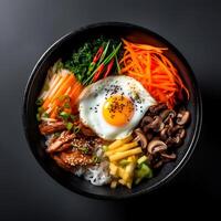 Photo of Bibimbap on dark bowl isolated on black background. Created by Generative AI