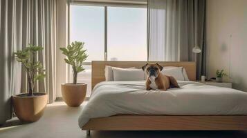 boxer dog lying on bed in hotel with contemporary interior design. Generative AI photo