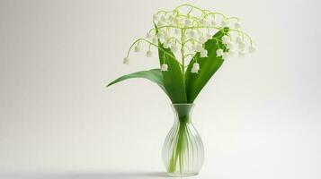 Photo of lily oh the valley in transparent vase as houseplant for home decoration isolated on white background. Generative AI