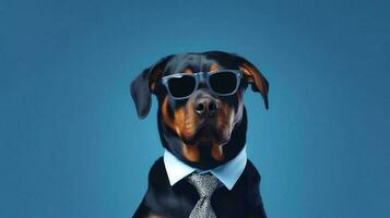 Photo of haughty Rottweiler dog using sunglasses  and office suit on white background. Generative AI