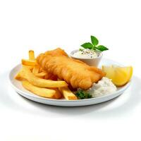 Photo of Fish and Chips on plate  isolated on white background. Created by Generative AI