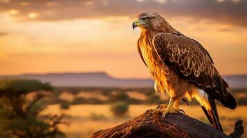 Photo of Tawny Eagle on savanna at sunset. Generative AI