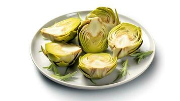 Photo of Artichoke slices on plate isolated on white background