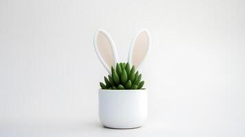 Photo of decorated cactus with rabbit ears as houseplant in minimalist pot. Generative AI