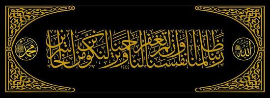 Arabic background Calligraphy of the Qur'an Al A'raf 23 means O our Lord, we have wronged ourselves. If You do not forgive us and have mercy on us, we will surely be among the losers vector