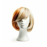 Hair wig over the plastic mannequin head isolated over the white background, mockup featuring contemporary women's hairstyles, Generative AI illustration photo