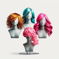 Hair wig over the plastic mannequin head isolated over the white background, mockup featuring contemporary women's hairstyles, Generative AI illustration photo