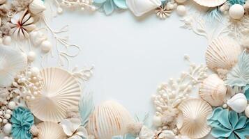 Sea elements card template, beach background design with border frame for template. composition with copy-space, illustration photo