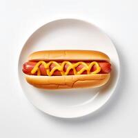 Photo of hot dog on plate isolated on white background. Created by Generative AI