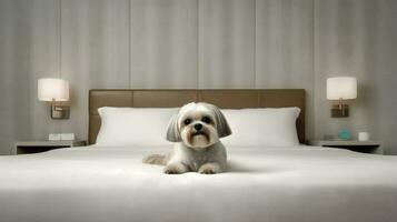 Lhasa apso dog lying on bed in hotel with contemporary interior design. Generative AI photo