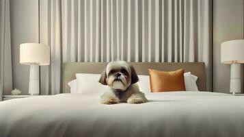 Shih tzu dog lying on bed in hotel with contemporary interior design. Generative AI photo