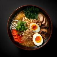 comida fotografía de ramen en oscuro cuenco aislado en oscuro antecedentes. generativo ai foto