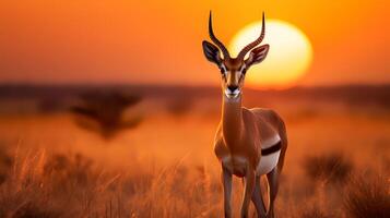 Photo of Gazelle on savanna at sunset. Generative AI