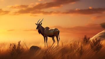 Photo of Hartebeest on savanna at sunset. Generative AI