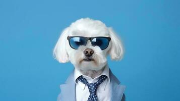 Photo of haughty Maltese dog using glasses  and office suit on white background. Generative AI