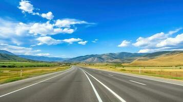 ilustración imagen de paisaje con país camino, vacío asfalto la carretera en azul nublado cielo antecedentes. multicolor vibrante al aire libre horizontal imagen, generativo ai ilustración foto