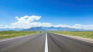 ilustración imagen de paisaje con país camino, vacío asfalto la carretera en azul nublado cielo antecedentes. multicolor vibrante al aire libre horizontal imagen, generativo ai ilustración foto