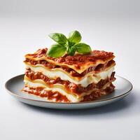 Food photography of Lasagna on plate isolated on white background. photo