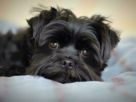 Portrait of Affenpinscher lying on bed photo