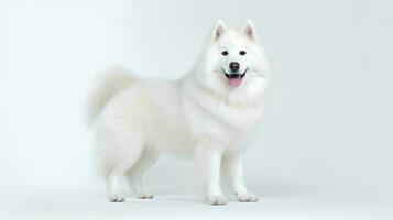 foto de un Samoyedo en blanco antecedentes. generativo ai