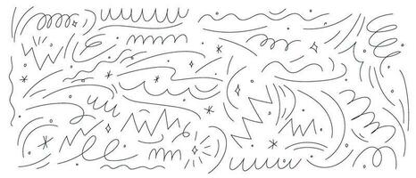 Squiggly lines in pencil, doodles, scribbles, brush squiggles, chalk patterns. Crayon curlicues, swirls in strokes, abstract designs. Flat vector illustrations isolated on white background