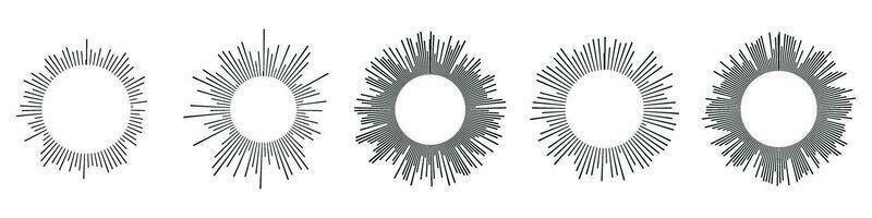 Sound waves in circular forms, linked with audio music, round voice icons, logos for equalizers, radial spectrums, rings in patterns. Flat vector illustrations isolated on white background.